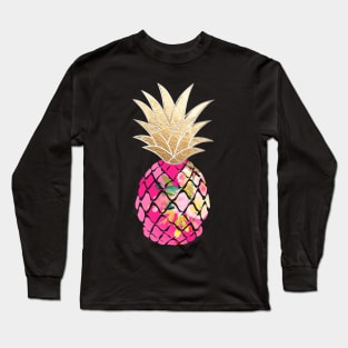 Aloha pineapples, Hot Pink+Faux Gold Long Sleeve T-Shirt